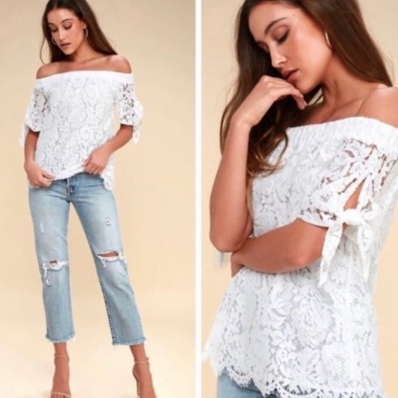 Lulu’s Ethereal View Ivory Lace Off Shoulder Top Medium - Picture 1 of 16